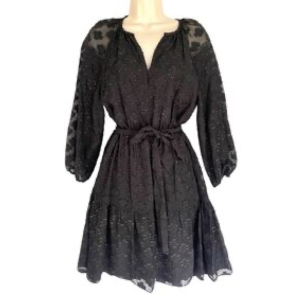 NWT Nanette Lepore Black Gold Sheer Sleeve Tiered Dress Party Dress 6 - Picture 2 of 11